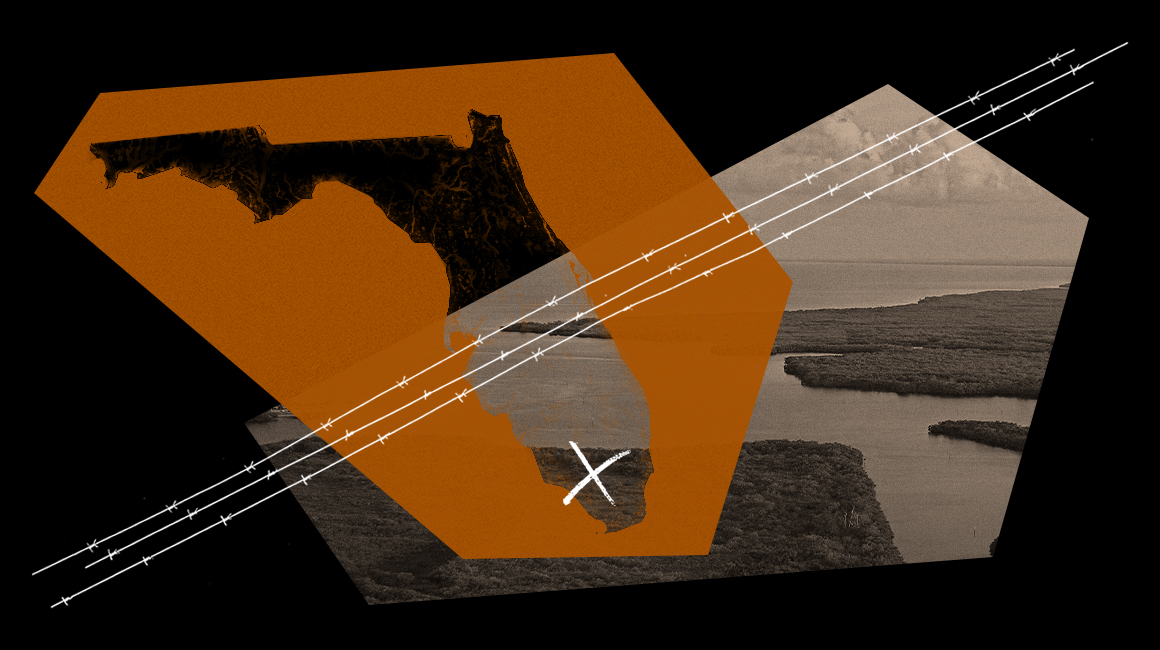 A graphic depicting the state of Florida and a barbed wire fence.
